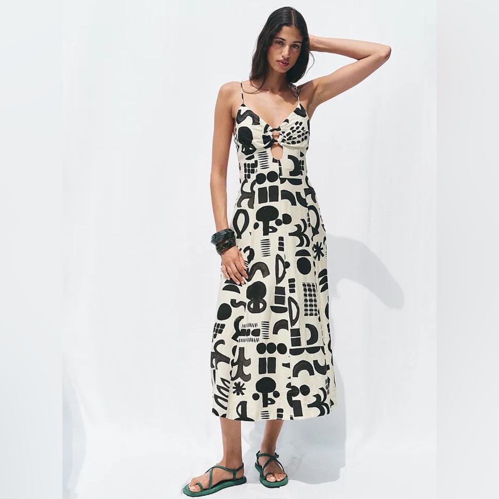 Zara Black & Cream Geometric Print Midi Dress with Cutout